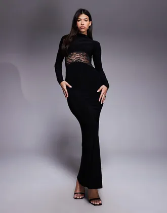 Asos Vestito lungo accollato a maniche lunghe nero con pannello in pizzo
