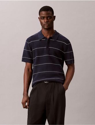 Calvin Klein Mens Cotton Stripe Sweater Polo Shirt - Navy - 2XL