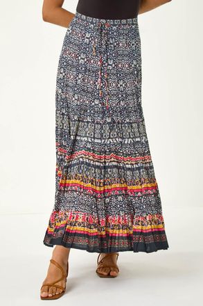 Roman Aztec Crinkle Cotton Tiered Maxi Skirt