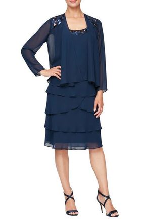 SLNY 3/4 Sleeve Sequin Dress & Jacket Set in Deep Navy at Nordstrom, Size 10P