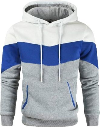 Generic Mens Hoodies Color Block Hooded Sweatshirt Long Sleeve Pullover Tops with Pockets Loose Casual Patchwork Hoodie Plus Size Grey