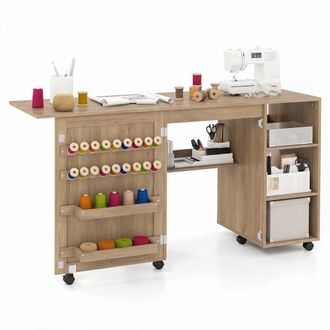 Costway Costway Folding Sewing Table Rolling Sewing Machine Craft Station w/18 Pegs in Brown