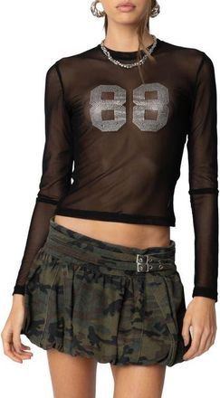 Edikted 88 Rhinestone Sheer Mesh Top in Black at Nordstrom, Size X-Small