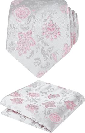 Alizeal Mens Floral Patterned Tie with Pocket Square Stylish Unique for Business Wedding Party Necktie Set, Silver+Pink