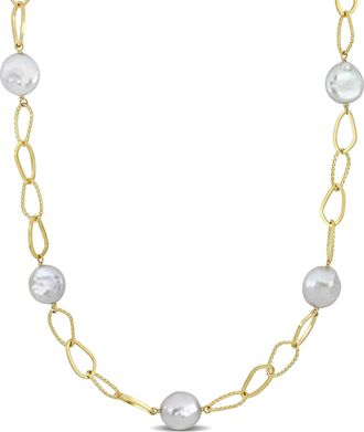 Mimi & Max 14-15mm Cultured Freshwater Coin Pearl Station Chain Necklace in Yellow Silver - 36 in