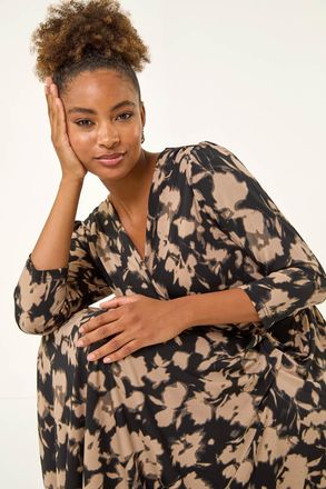 Roman Abstract Floral Print Wrap Midi Dress