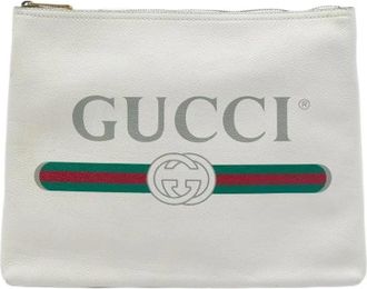 Gucci Pre-owned Printed Leather Clutch - Dames - Vintage Clutch - Wit - ONE Size - Leer - Vintage