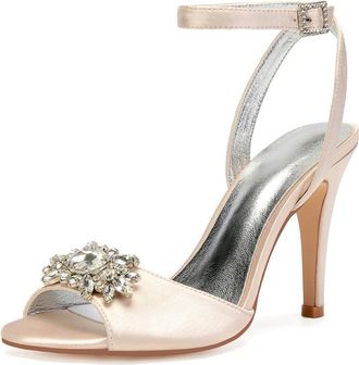Generic Wedding Bridal Heels Womens Ankle Strap Open Toe Stiletto High Heels Satin Heeled Sandals for Prom, Party, Daily 10.5Cm,Champagne,8 UK