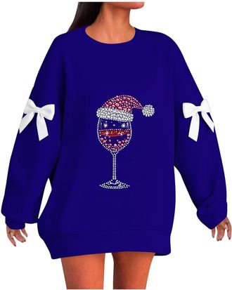 Generic Christmas Jumpers Women Oversized Funny Christmas Tree Printed Jumper Plus Size Novelty Xmas Sweatshirts Graphic Shirts Thicken Autumn Winter Casaul L