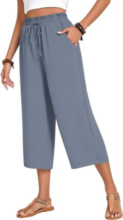 Generic Cropped Trousers For Women UK Casual Summer Linen Trousers Elasticated Waist Lightweight 3/4 Length Capri Pants With Pockets Wide Leg Lounge Holiday B