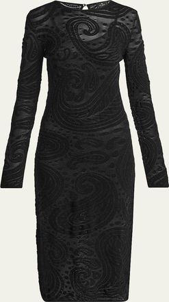 Etro Sheer Paisley Knit Long-Sleeve Midi Dress