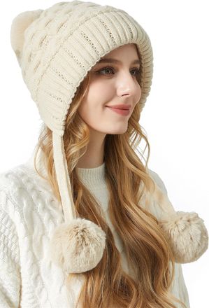 Feoya Womens Pom Pom Hat Winter Knitted Beanie Knit Fleece Lined Hats for Women Warm Fuzzy Plush Hat Beige Faux Rabbit Fur Thermal Snow Ski Cap with Ear Fla