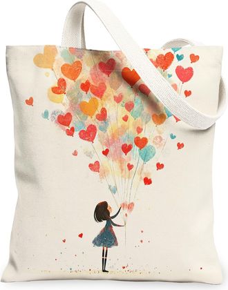 Generic Heart Balloon Canvas Tote Bags, Colorful Pattern Reusable Grocery Bags, Spring Vintage Lightweight Washable Shoulder Strap Canvas for Travel Picnic 13