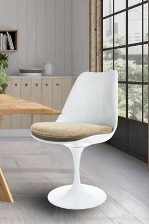 Fusion Living White Tulip Dining Chair with Velveteen Cushion in Beige