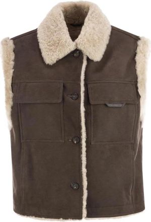 Brunello Cucinelli Suede Gilet met Lamsvelboord - Dames - Bodywarmers - Bruin - S - Leer - Jassen