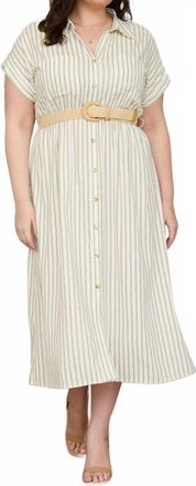 Blu Pepper Belted Shirt Midi Dress - Plus In Olive Stripe