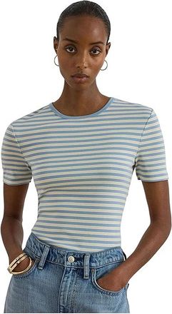 Lauren Ralph Lauren Paisley Stretch Cotton Crewneck T-Shirts Womens Clothing Cream/Blue/ : SM, Cotton/Elastane
