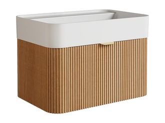 Vente-Unique Mueble de ba&ntilde;o suspendido estriado en madera de fresno con lavabo encastrado de resina blanco mate - Natural claro - 60 cm - BULMAS