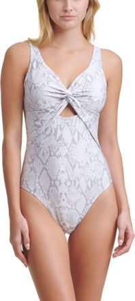 DKNY Printed Peek-A-Boo Twist One Piece Swimsuit In Pearl Gray