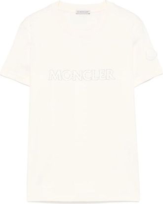 Moncler Cr&egrave;mewit T-shirt met ronde hals en logo - Dames - T-shirts - Wit - L - Katoen - Tops