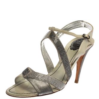 Rene Caovilla Ren&eacute; Caovilla Silver/grey Embellished Satin And Glitter Nubuck Leather Ankle Strap Sandals