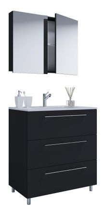 ebuy24 Ebuy24 - Vcm 3 Unids Lavabo Lavabo Gabinete Inferior Ancho 80 Cm Muebles De Ba&ntilde;o Conjunto De Pie Con Tres Cajones Espejo Gabinete Badinos (negro)