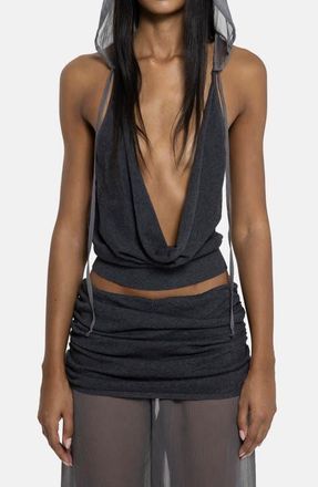 Jaded London Plunge Neck Knit Chiffon Hooded Top in Grey at Nordstrom, Size X-Small