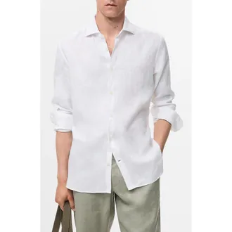 Mango Slim Fit Linen Button-Up Shirt in White at Nordstrom, Size X-Large