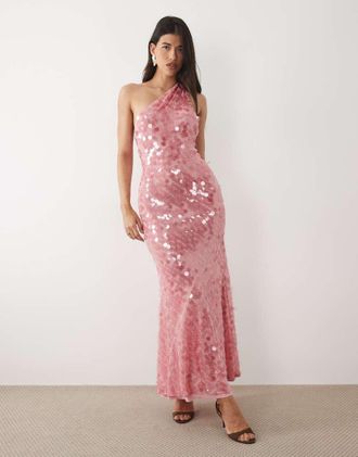 Asos Vestito lungo monospalla in raso rosa