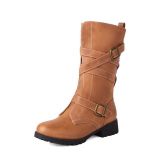 Generic Womens Mid-Calf Boots Cross Strap Buckle Faux Leather Contrast Stitching Round Toe Low Block Heel Lug Sole Reinforced Durable Design,Brown,4.5 UK