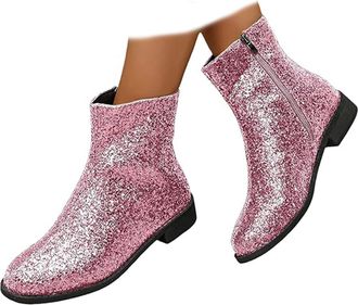 Generic Round Toe Low Chunky Heels Glitter Booties - Sparkle Ankle Boots for Women, Side Zipper Shiny Evening Boots with Chunky Block Heel (Pink,7.5)