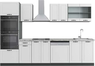 Vicco Mueble De Cocina R-line, Casa De Campo Blanca/antracita, 300 Cm Con Armario Alto, Et M&aacute;rmol