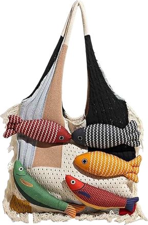 Generic 3D Fish Knitted Tote Bag,Cute Cartoon Fish Patchwork Shoulder Bags,Large Capacity Bohemian Hobo Handbag for Travel Vacation (B)
