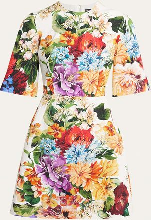 Dolce & Gabbana Floral Bouquet Short-Sleeve Creton Mini Dress