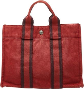 Herm&egrave;s Red Color Canvas Handbag Tote Bag (Pre-Owned)