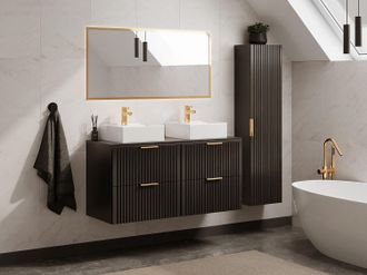 Vente-Unique Mobile per bagno sospeso con scanalature e lavabo da appoggio e colonna 120 cm Nero - ZEVARA