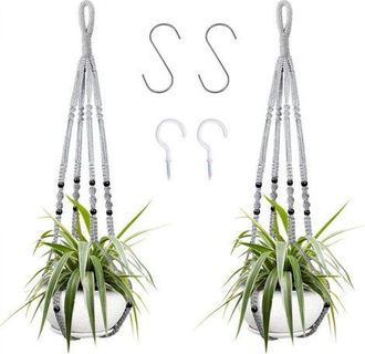 OEM Colgador Para Plantas De Interior De Cuerda De Algod&oacute;n Gris, 85 Cm, Con Cuentas De Madera, Para Decoraci&oacute;n De Interiores, Sin Ganchos, 2 Pares