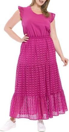 London Times Scoop Neck Mixed Media Tiered Maxi Dress in Deep Orchid at Nordstrom Rack, Size 14W
