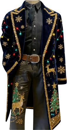 Generic Christmas Jacket For Men Corduroy Mid-Length Xmas Print Casual Trench Coat One Button Warm Durable Comfortable Festive Stylish Holiday Fit With Pocket