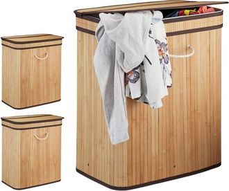 Relaxdays 3x Cestos Ropa Sucia Rectangular Con 2 Compartimentos, Cubo Colada, Canasta Con Tapa, Bamb&uacute;, 95 L, Natural