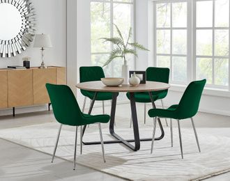 Furniturebox Santorini Brown Round Dining Table & 4/6 Pesaro Silver Leg Chairs in Green