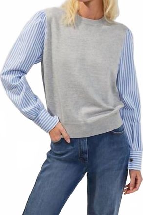 French Connection Shirt Mix Jumper Top In Med Grey/blue/white