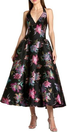 Mac Duggal Floral Brocade Halter Neck Open Back Midi Dress in Black Multi at Nordstrom, Size 12