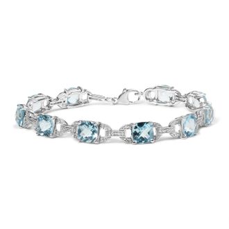 House of Brilliance 925 Sterling Silver 7x7 mm Cushion Cut Blue Topaz and 1/20 cttw Round Cut Diamond Fashion Tennis Bracelet
