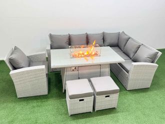Fimous 9 Seat Rattan Garden Furniture Corner Sofa Set Gas Firepit Table Set in Light Grey