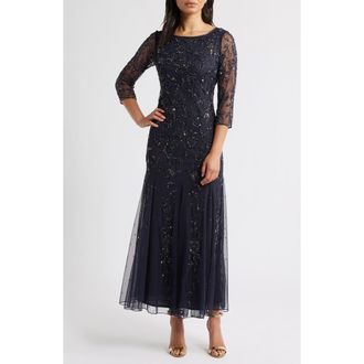 Pisarro Nights Floral Beaded Tulle Gown in Jbs Slate at Nordstrom Rack, Size 12