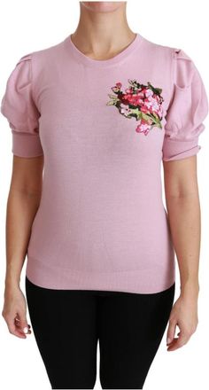 Dolce & Gabbana Blouse met ronde hals en korte mouwen - Dames - T-shirts - Roze - XL - Wol - Tops
