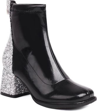 Generic Womens Patent Leather Short Boots with Back Zipper Square Toe Chelsea Boots Block Heel Ankle Boot,Black,5.5 UK