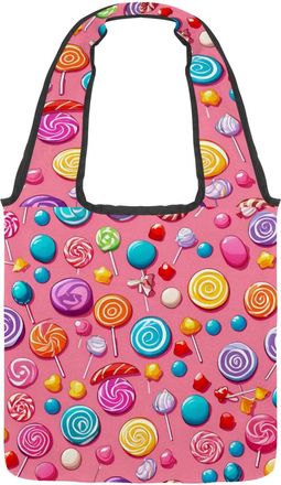 Generic Pink Candy Pattern Reversible Canvas Shoulder Tote - Double-Sided Print, 12oz Cotton, 27cm Drop, Fold-Flat Bag for Travel, Shopping, Street Outings