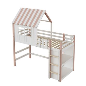 STILVORA Cama Casita 90 X 200 Cm Con Escalera De Seguridad Y Estante, Sin Colch&oacute;n, De Madera Maciza, Rosa